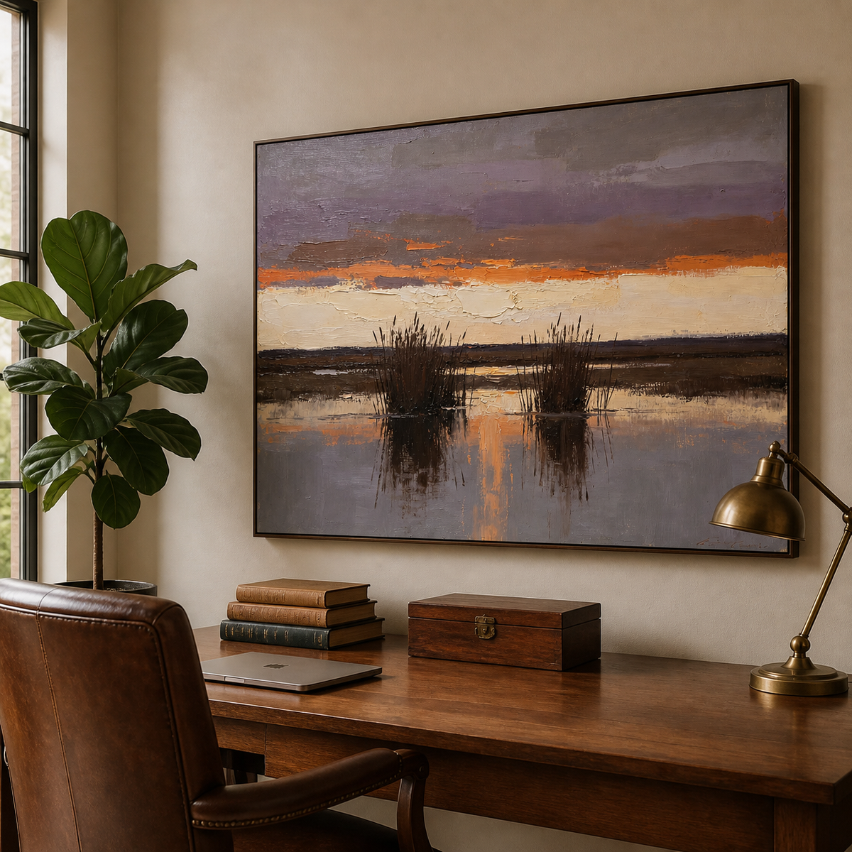 Marsh wall art with purple sky and warm orange reflections