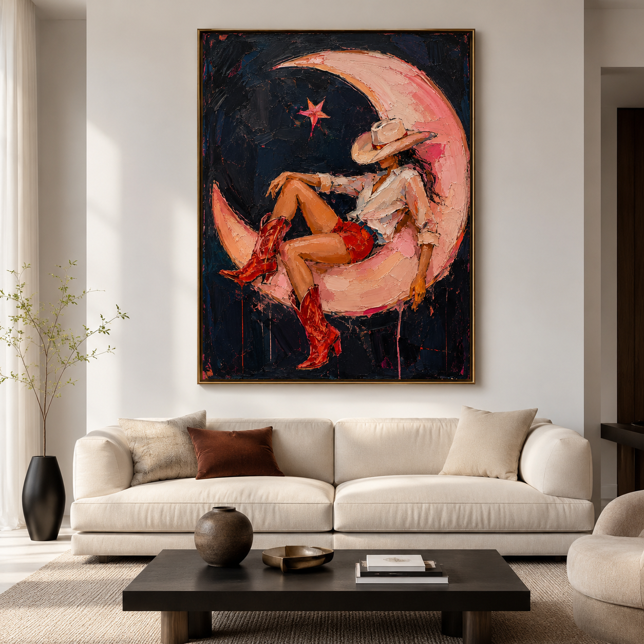 owgirl wall art featuring a Western woman sitting on a pink crescent moon