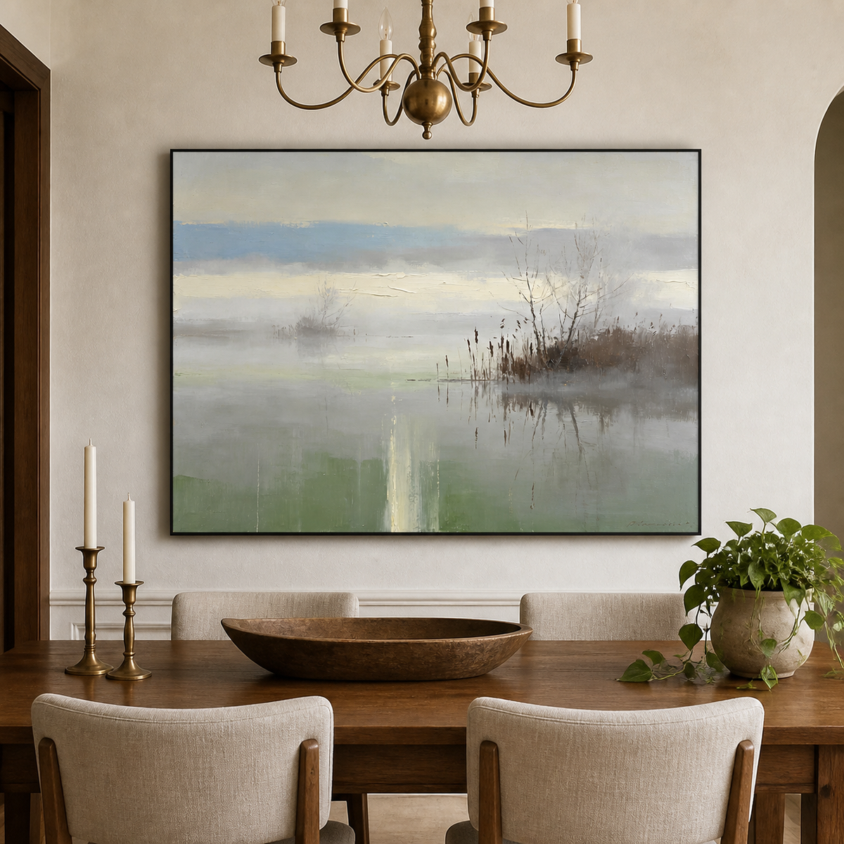 Minimalist landscape artwork in blue green and ivory tones