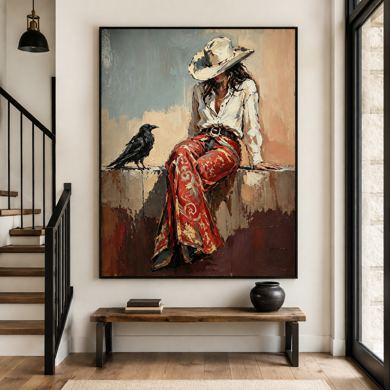 Textured Western woman painting with red patterned pants