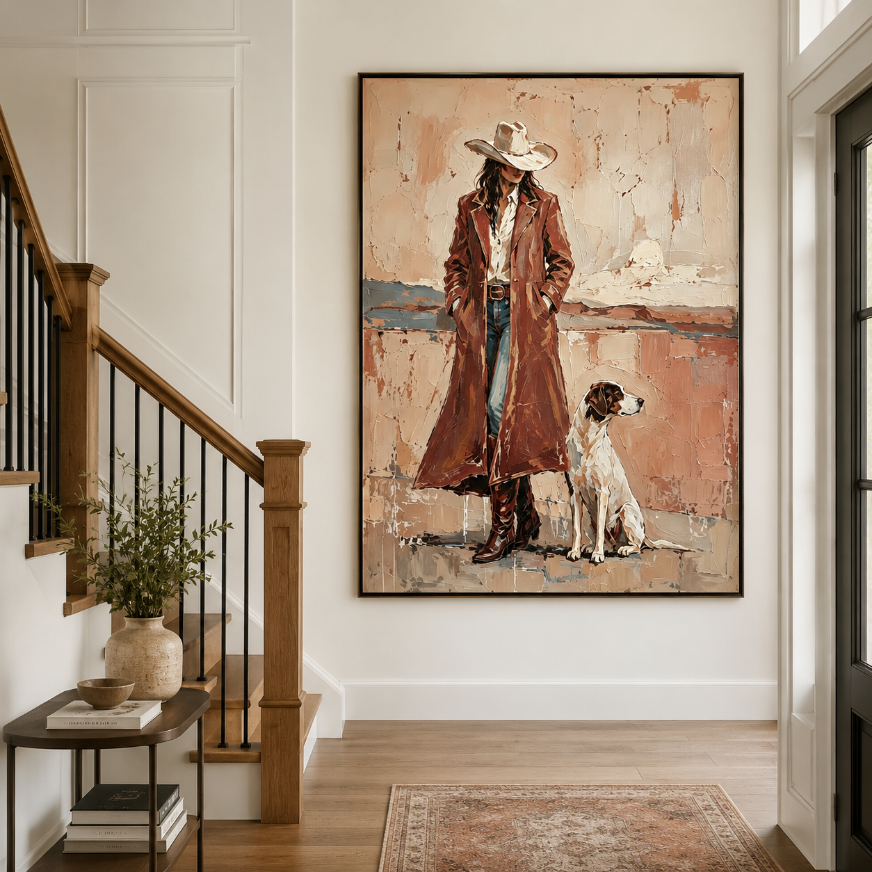 Western lifestyle wall art featuring woman with dog