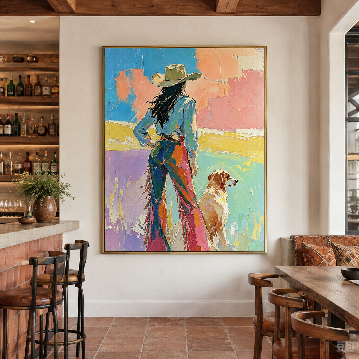 Colorful cowgirl painting with textured brushwork