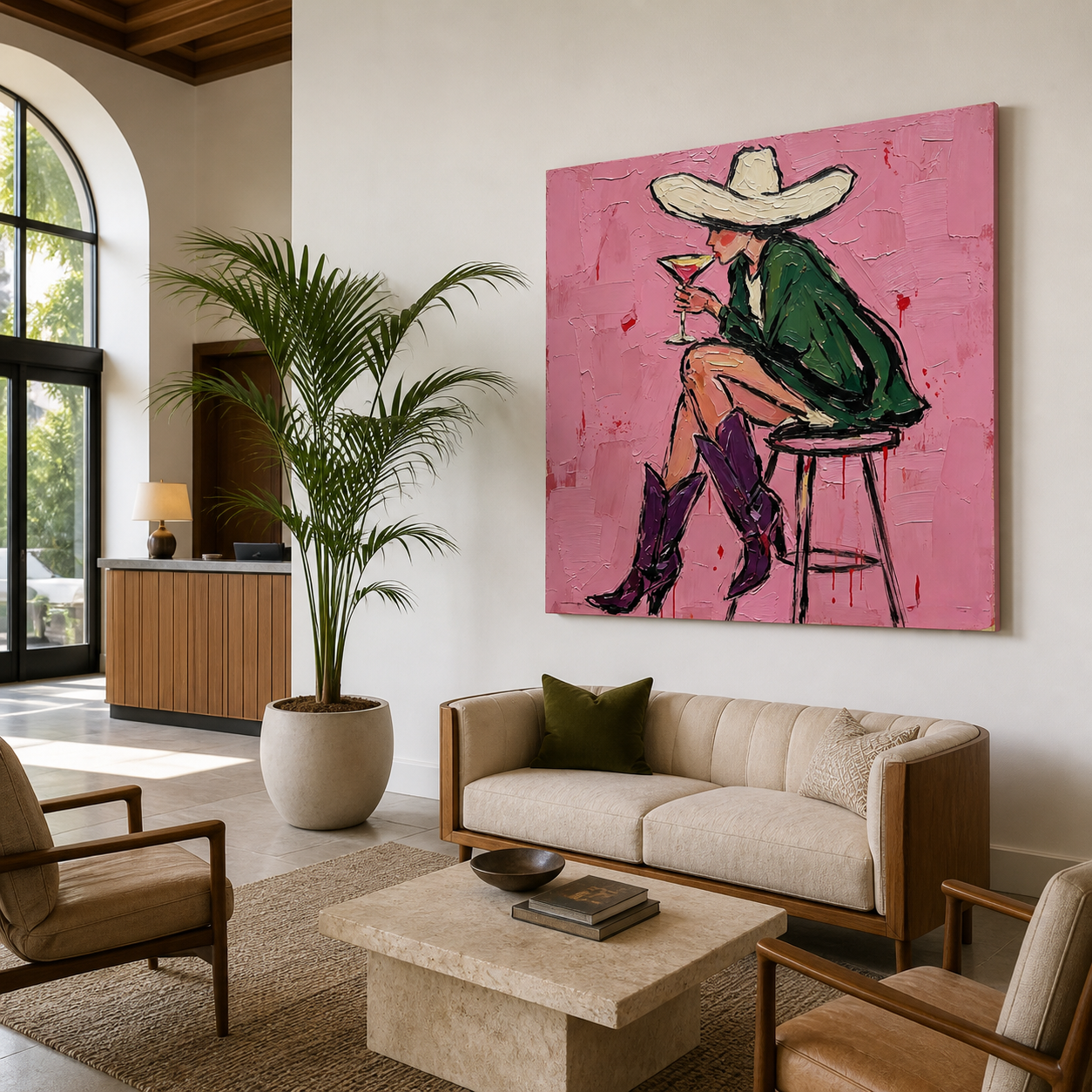 Modern Western woman painting with oversized cowboy hat