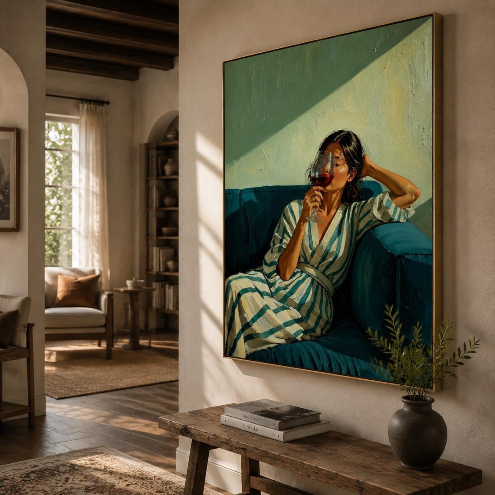 Modern Wine Canvas Art with Elegant Woman