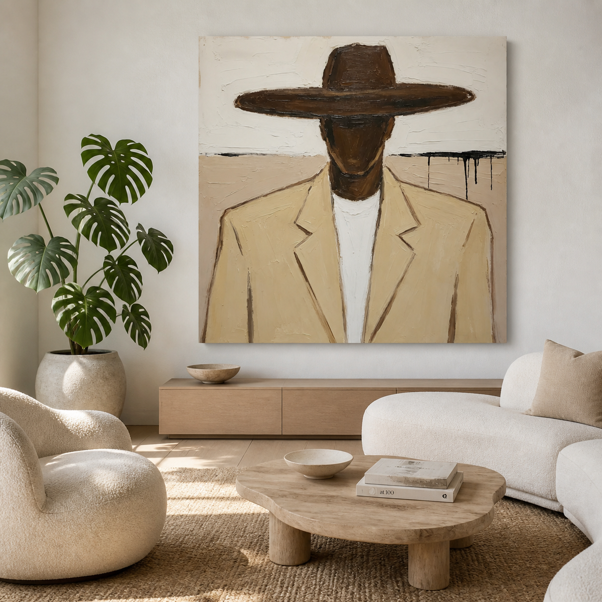 Modern cowboy portrait with tan jacket and wide brim hat