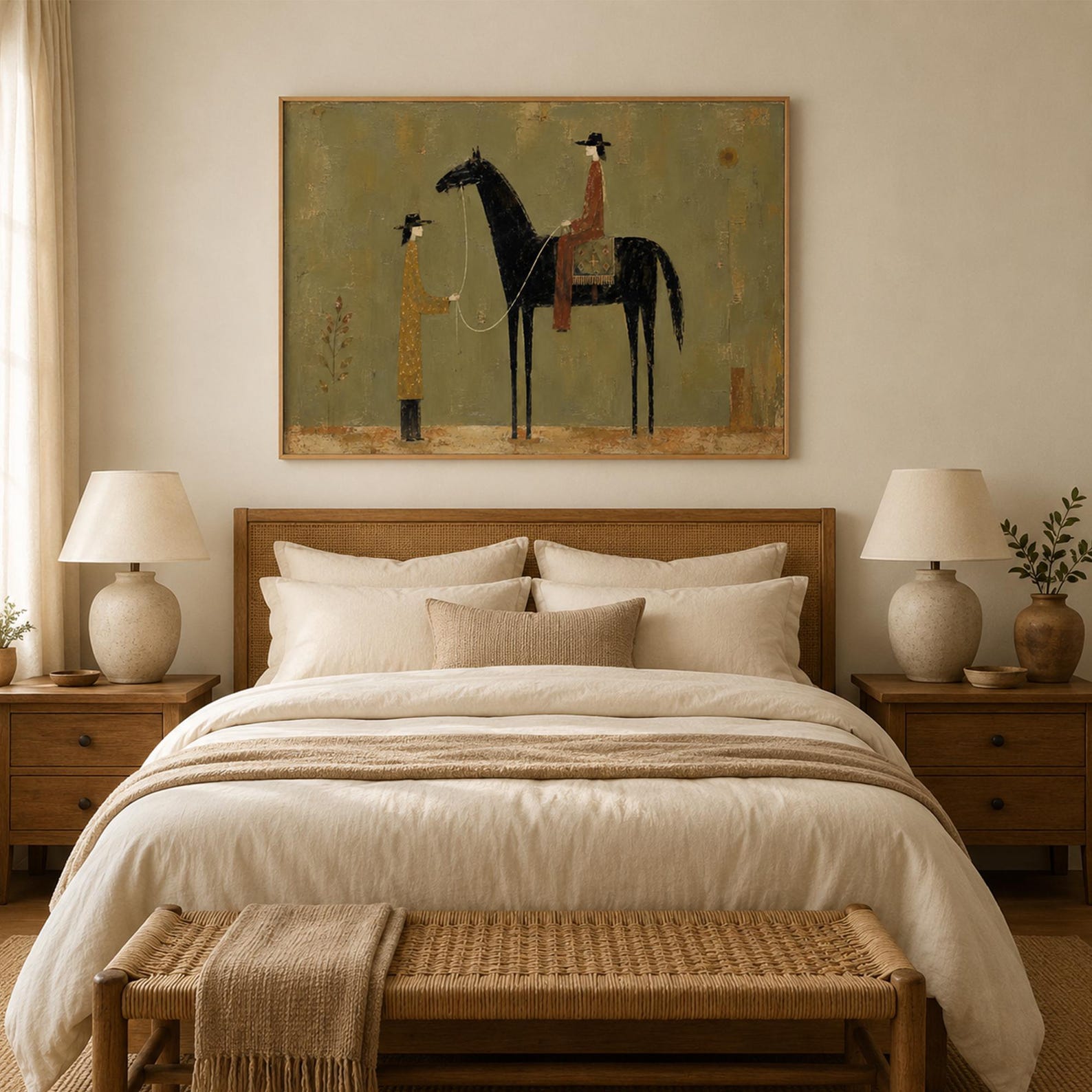 Modern western oil painting featuring horse and riders