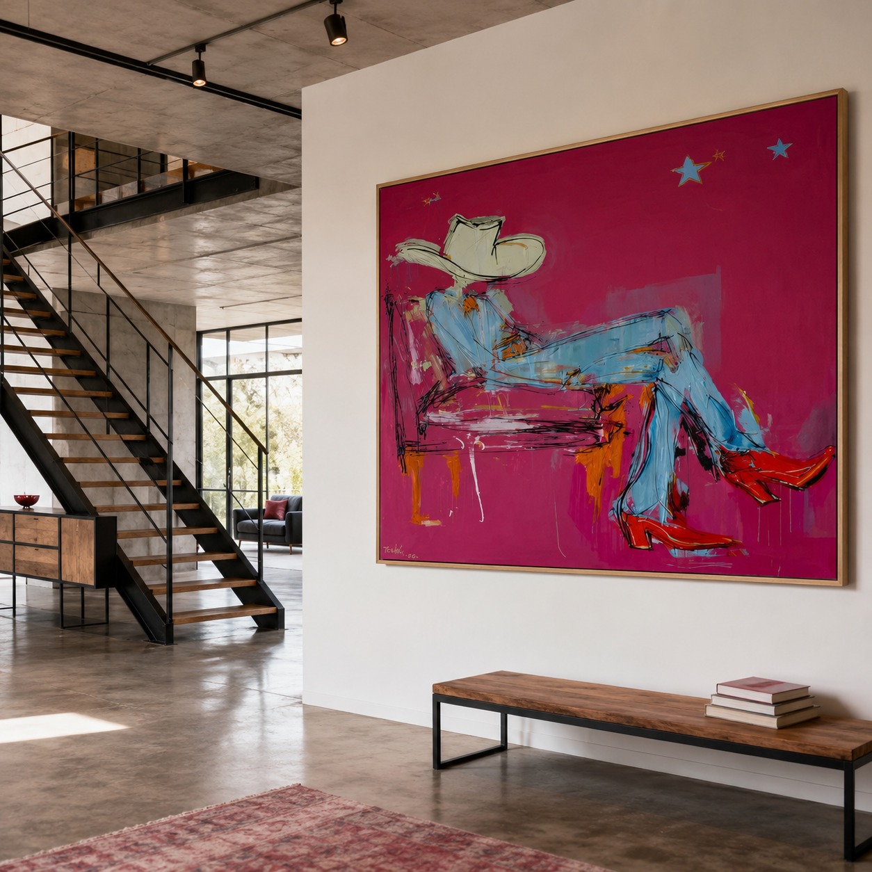 Modern western wall art featuring cowgirl and cowboy boots