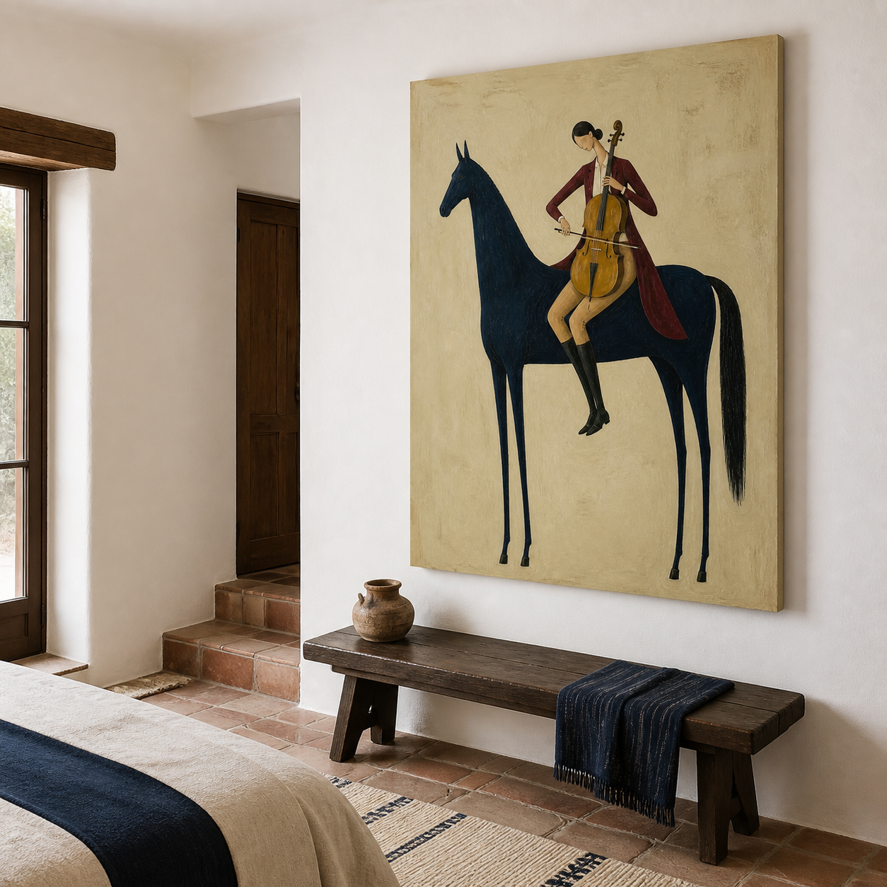 Music wall art with woman playing cello on horse