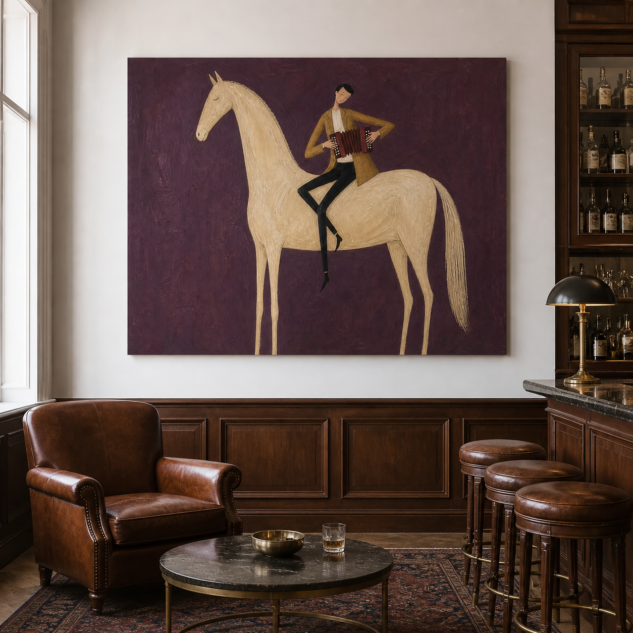 Musician playing accordion on white horse oil painting