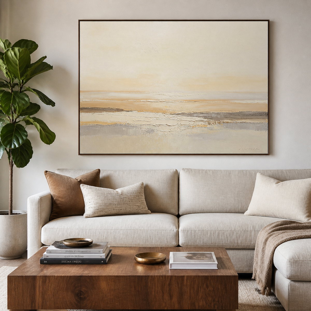 Neutral abstract seascape wall art with layered beige, ivory, taupe, and gray horizontal textures.