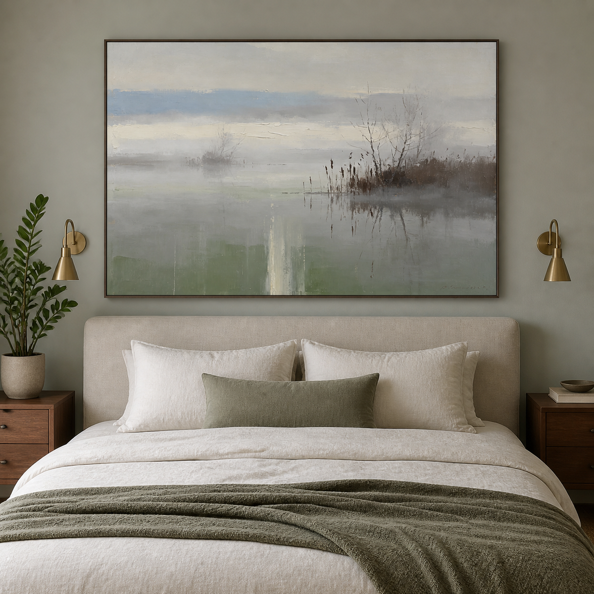 Neutral landscape wall art with calm water reflections