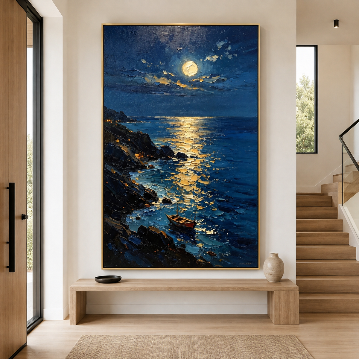 Moonlit ocean wall art with small boat and rocky coast