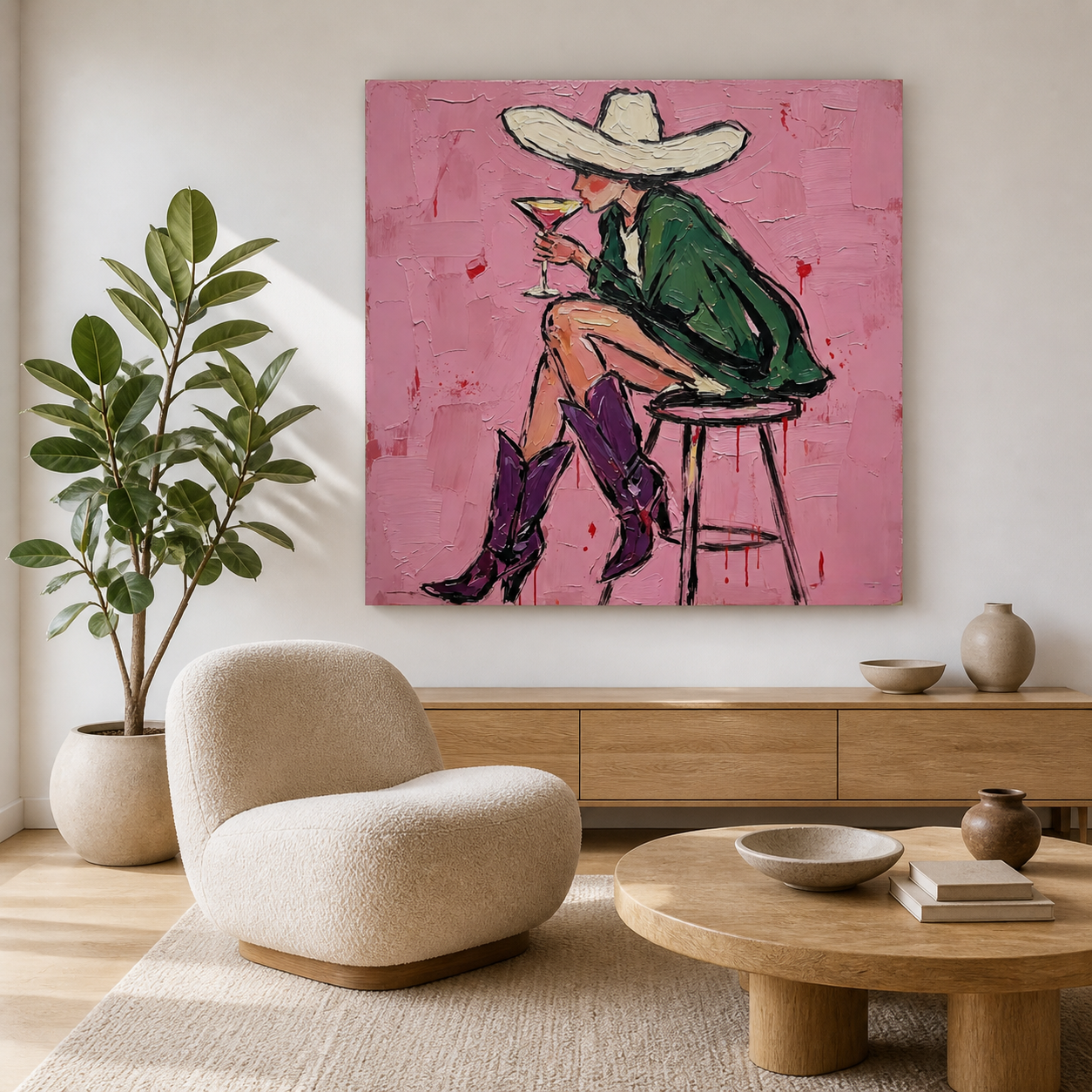 Pink cowgirl wall art with woman wearing Western boots