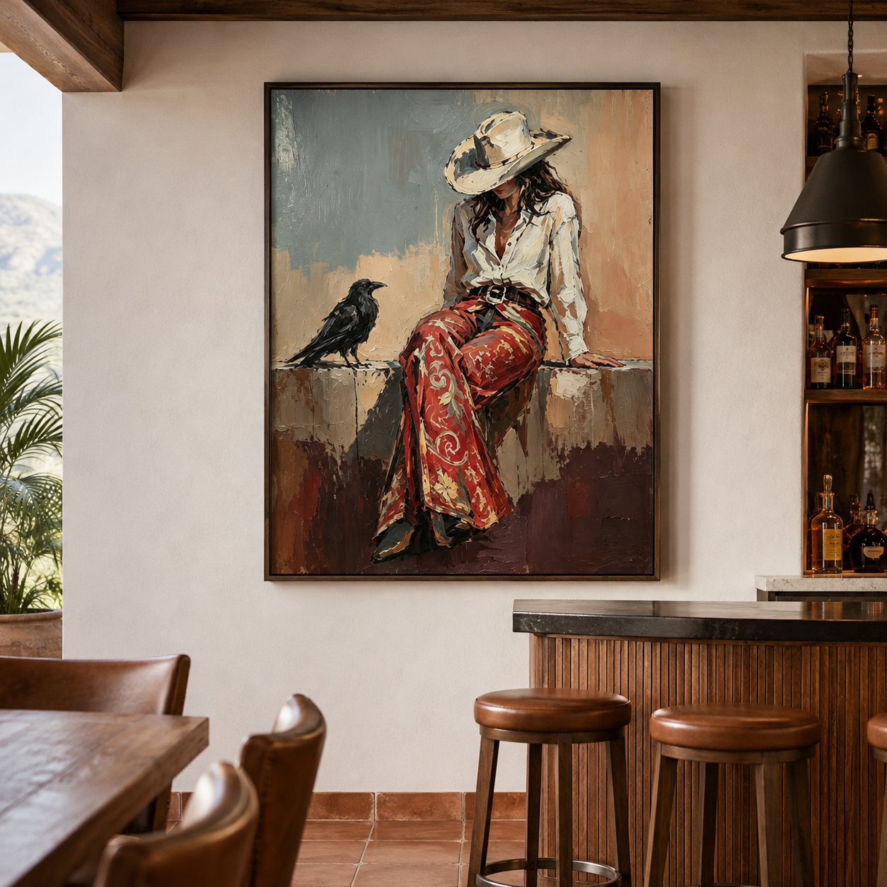 Western portrait painting of woman sitting beside a raven