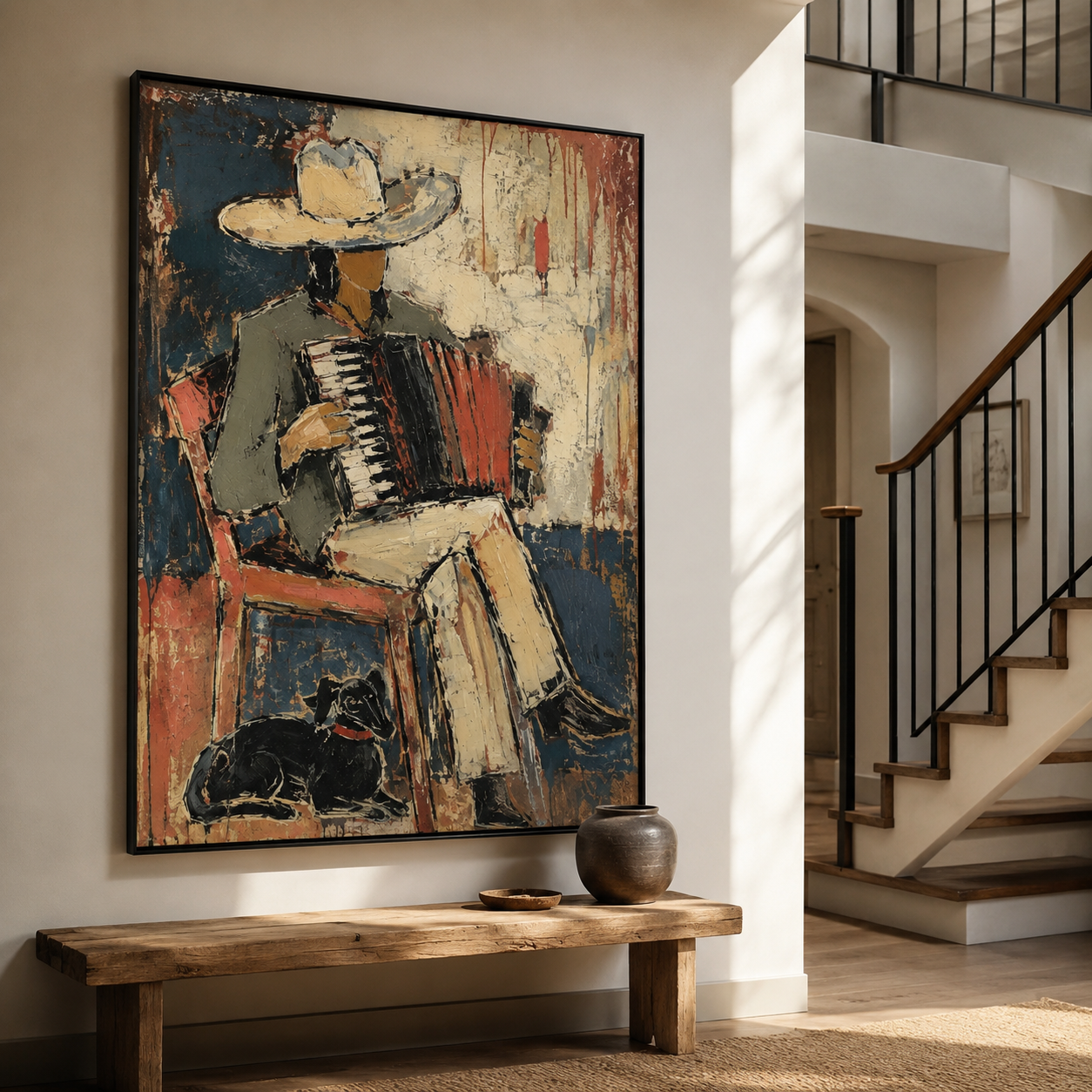 Textured accordion player wall art for rustic interior