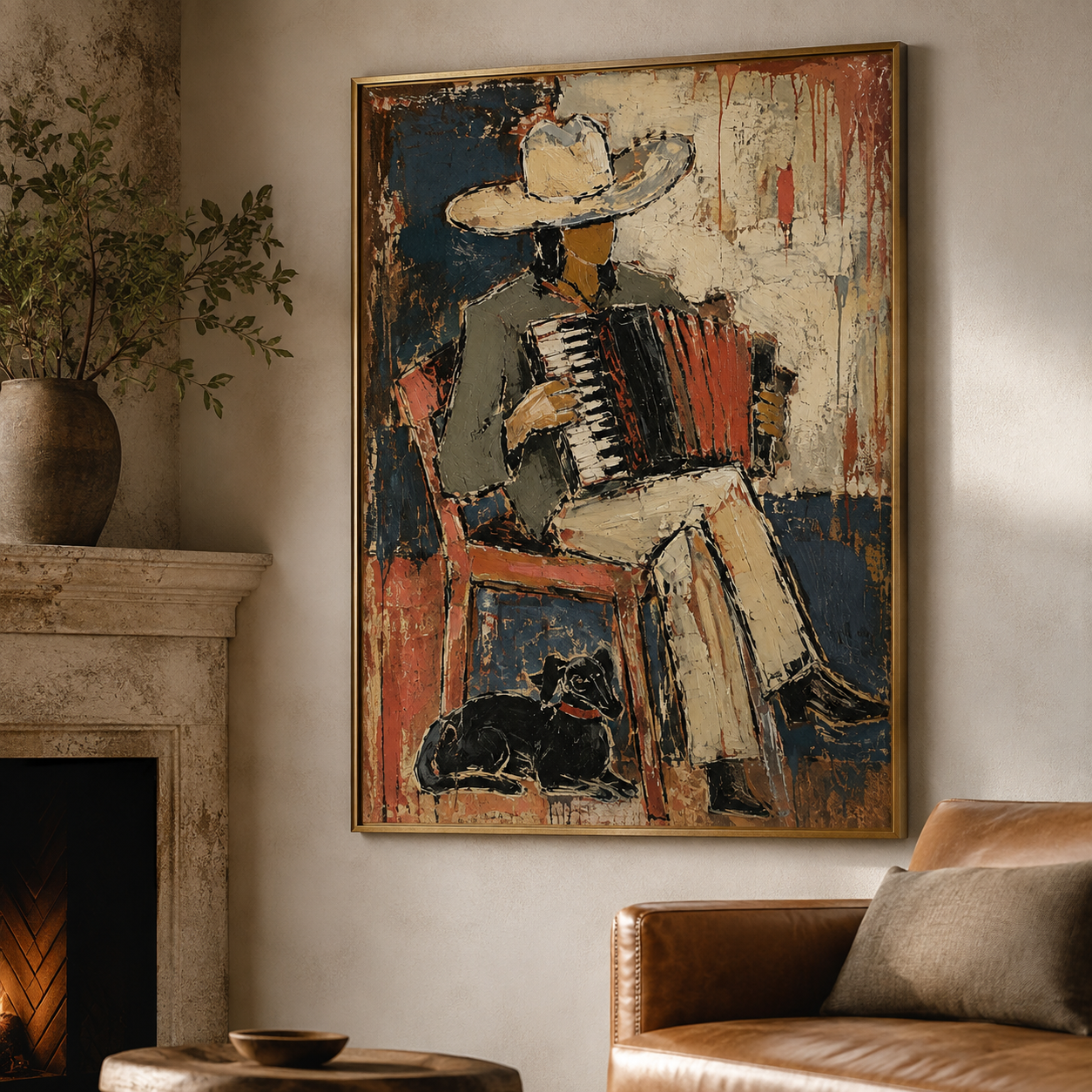 Western cowboy musician wall art with loyal black dog