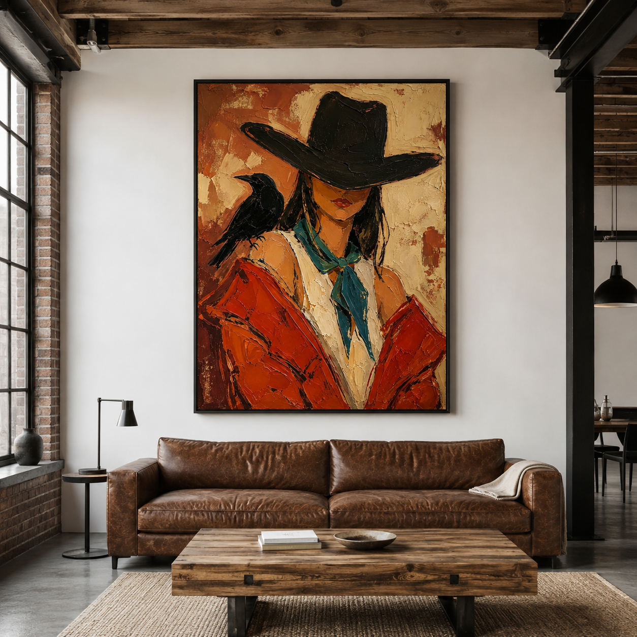 Woman with raven Western wall art in rust and turquoise tones