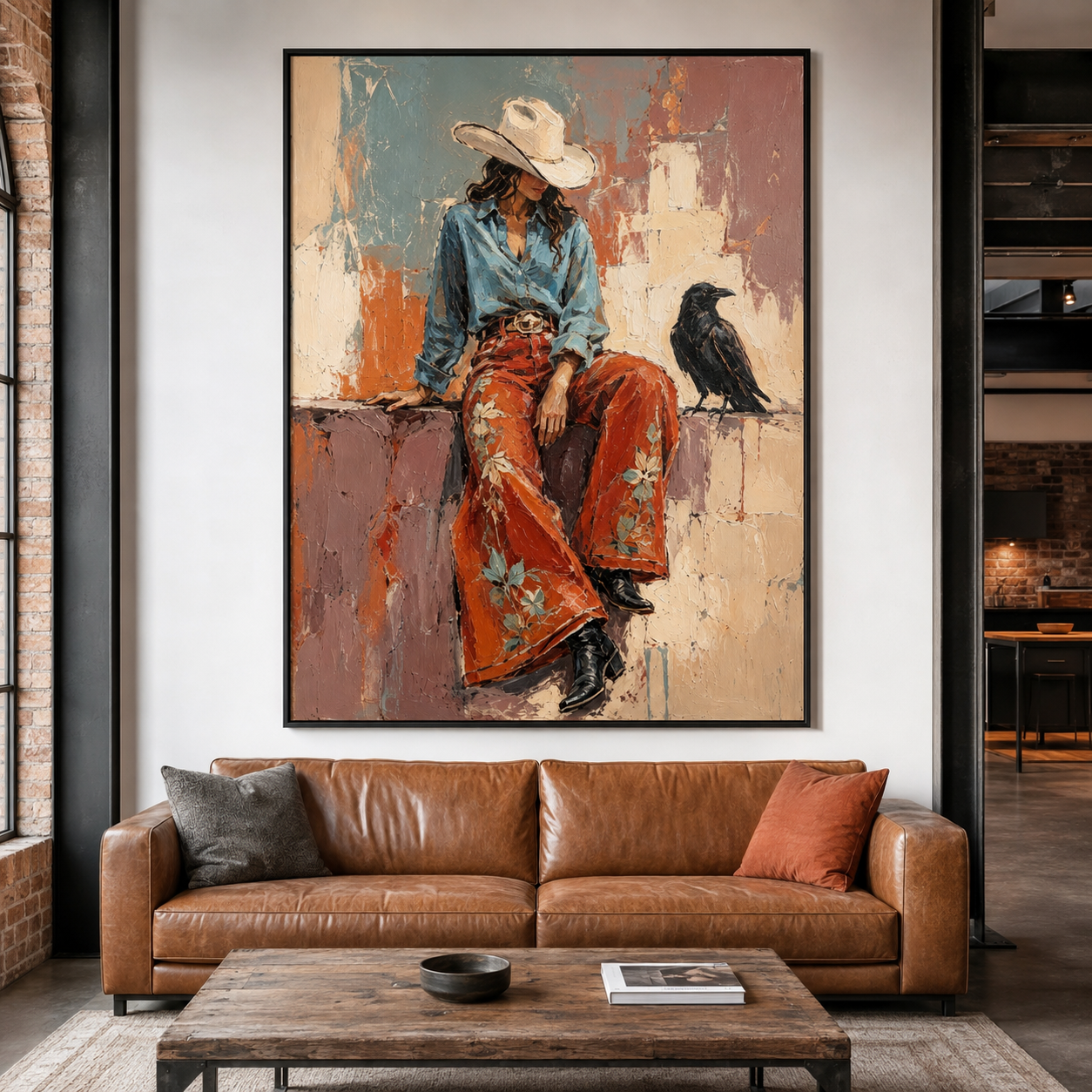 Western woman painting with black raven and cowboy hat