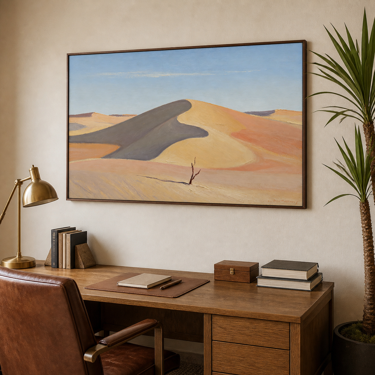 Southwestern landscape art with sweeping sand dunes