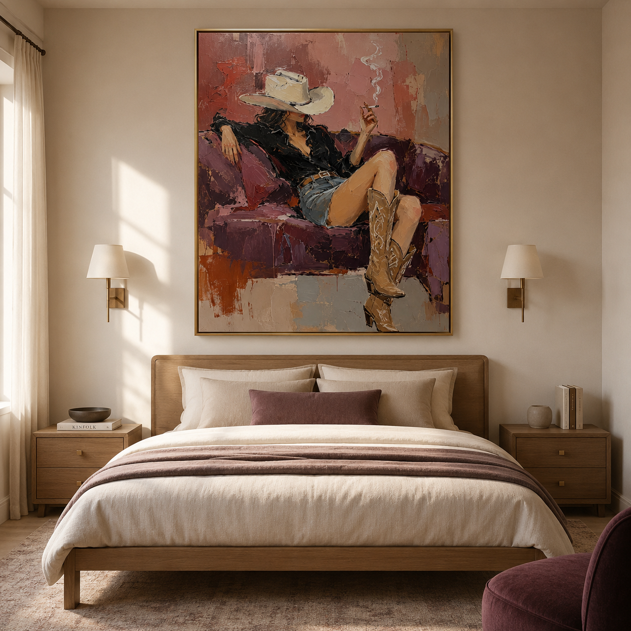 Hand-painted Western woman artwork for modern living room