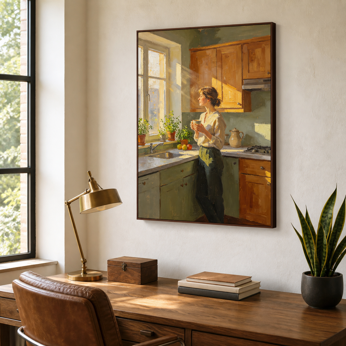 Sunlit kitchen painting with woman holding coffee cup