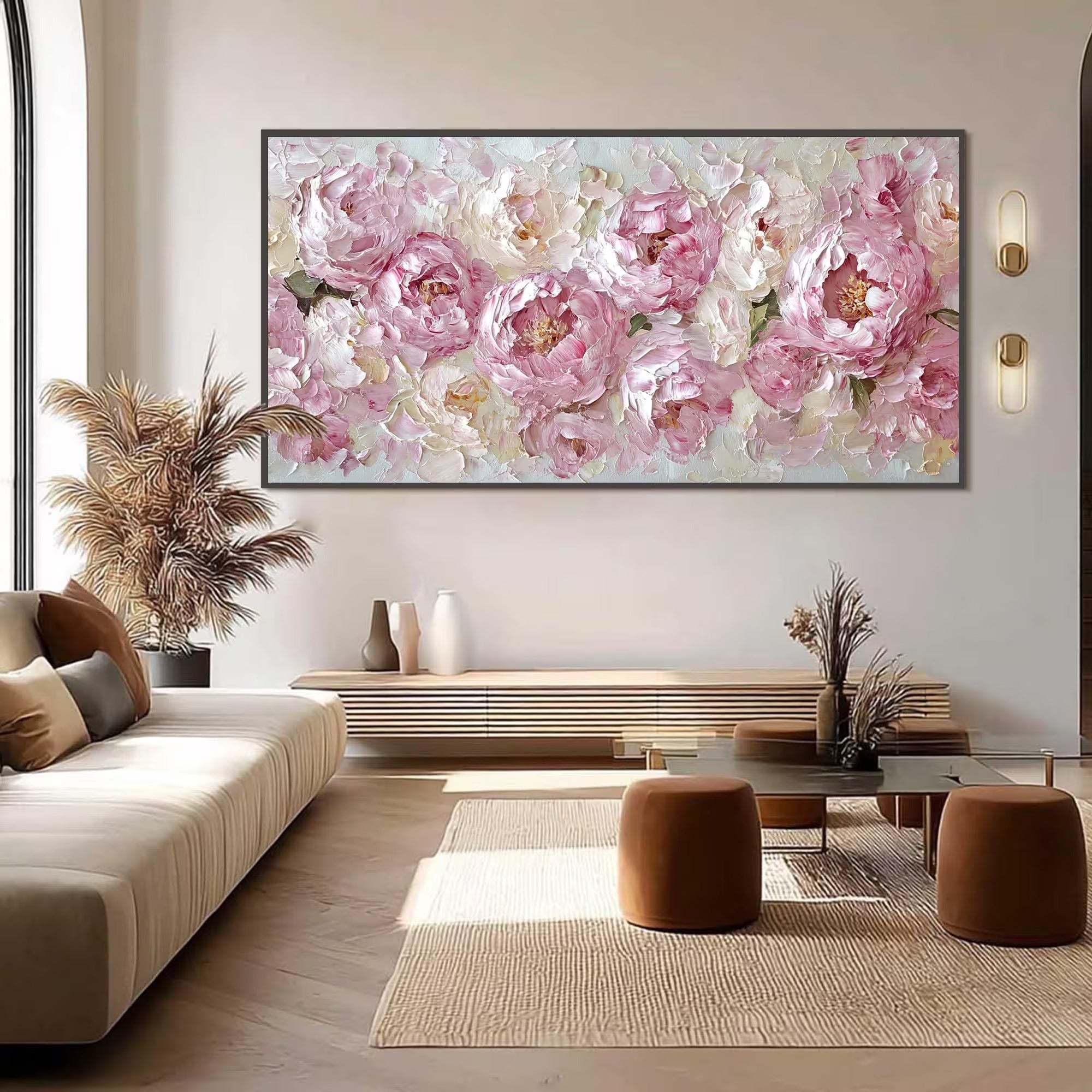 Textured Floral Wall Art with Blooming Peonies