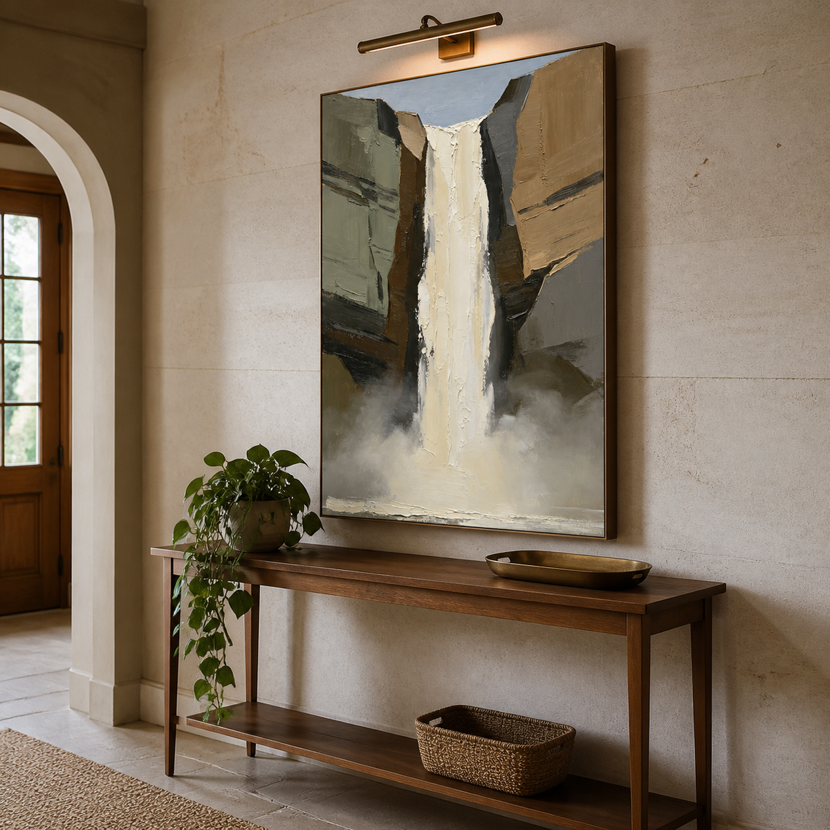 Textured waterfall painting in sage taupe and cream tones