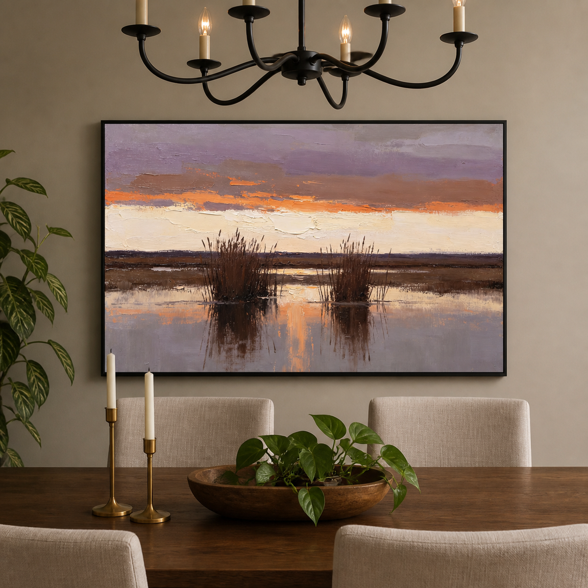 Textured wetland wall art with reeds reflected in calm water