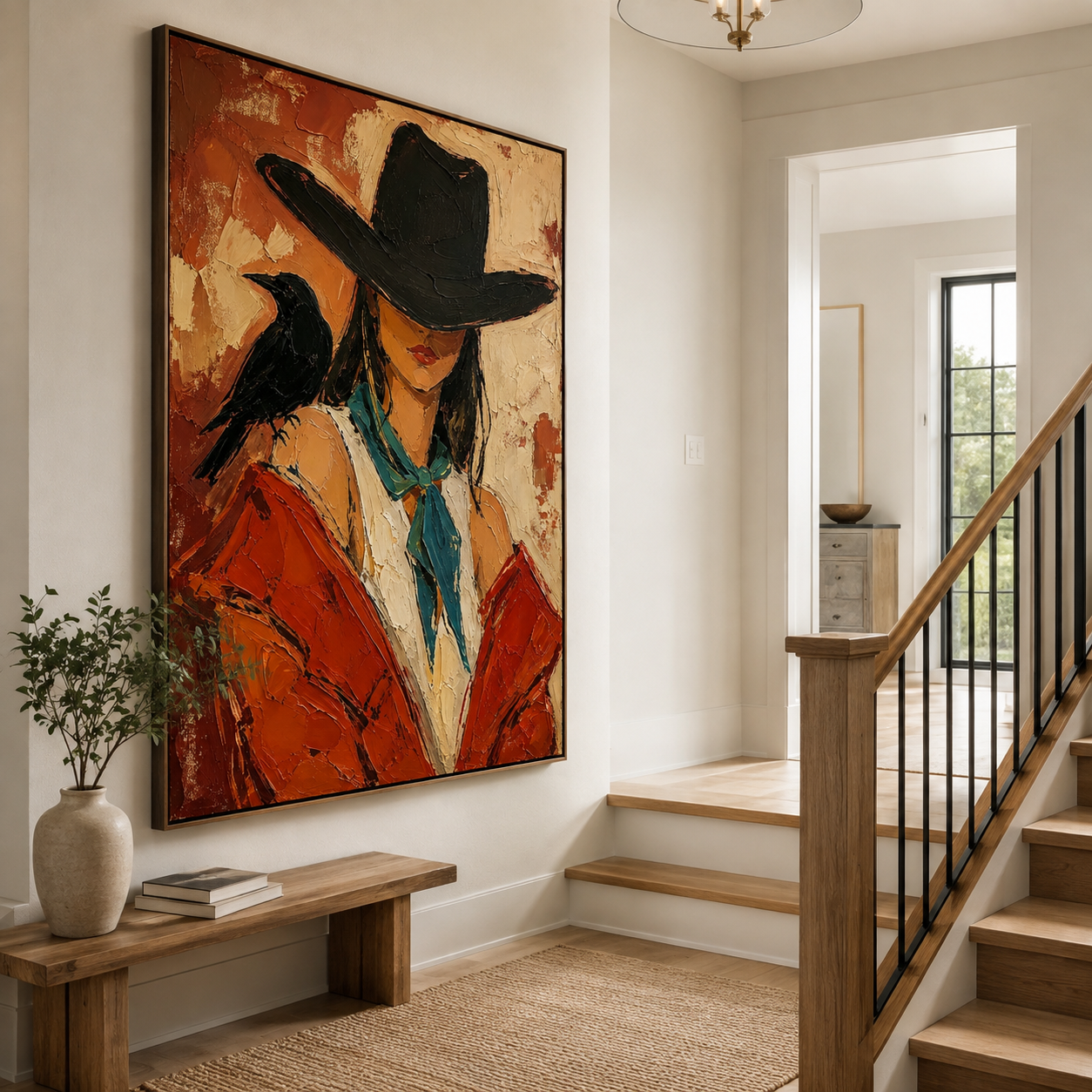 Southwestern woman wall art with red jacket and turquoise scarf
