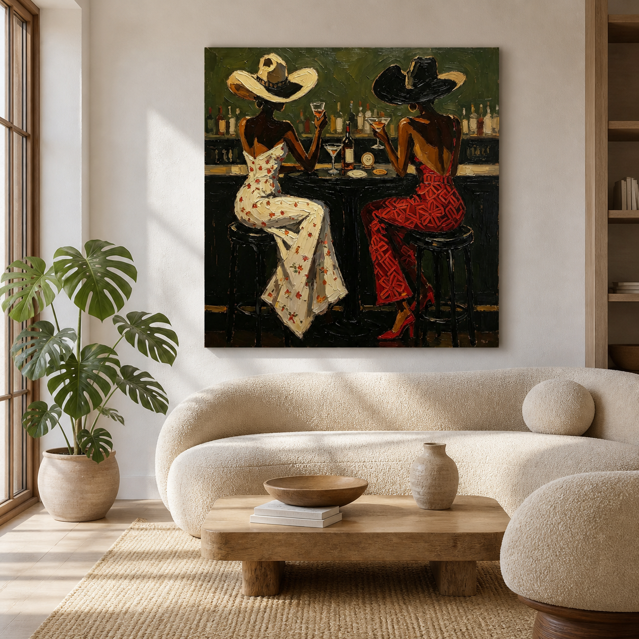 Two cowgirls in cowboy hats drinking cocktails oil painting