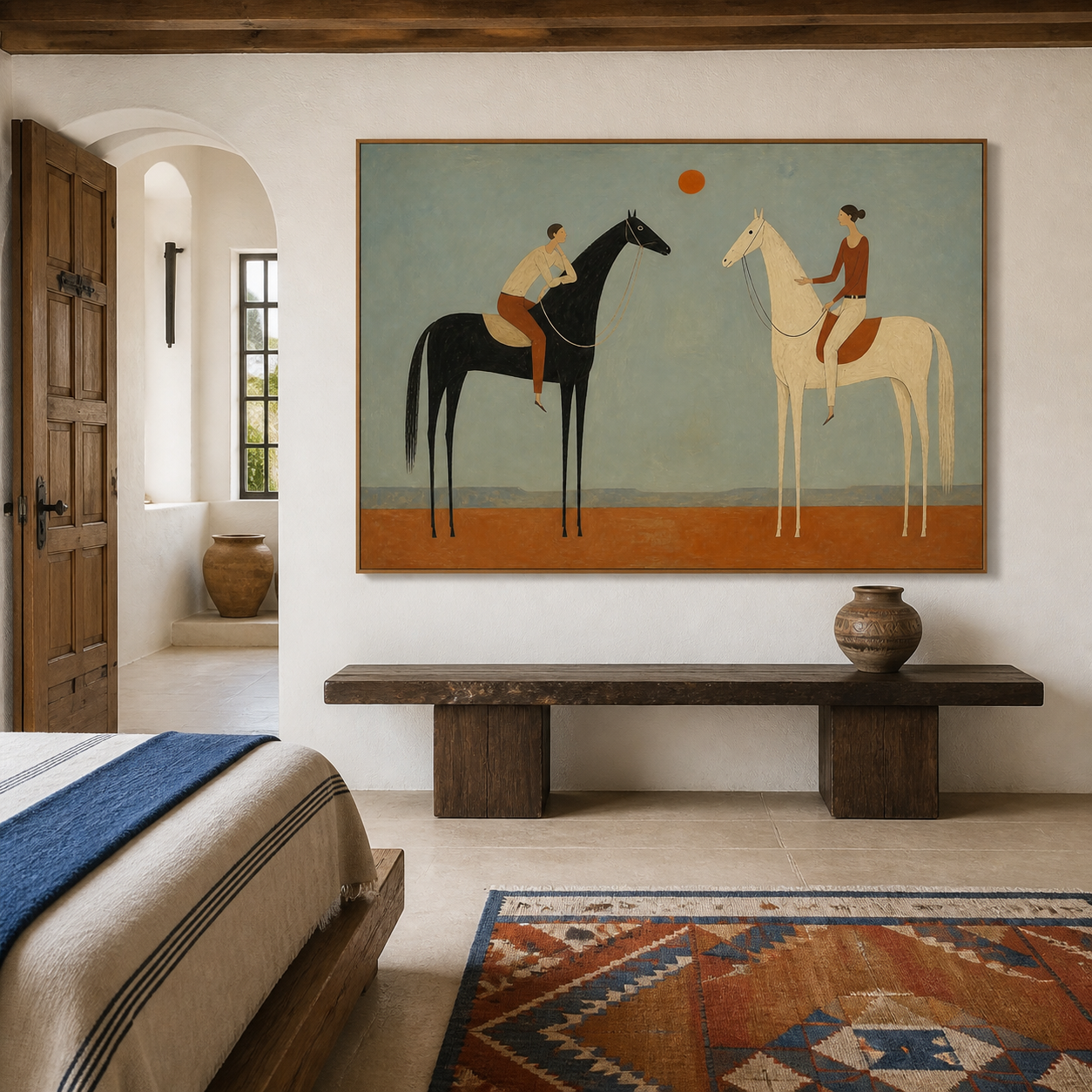 Two horse riders wall art on muted blue background