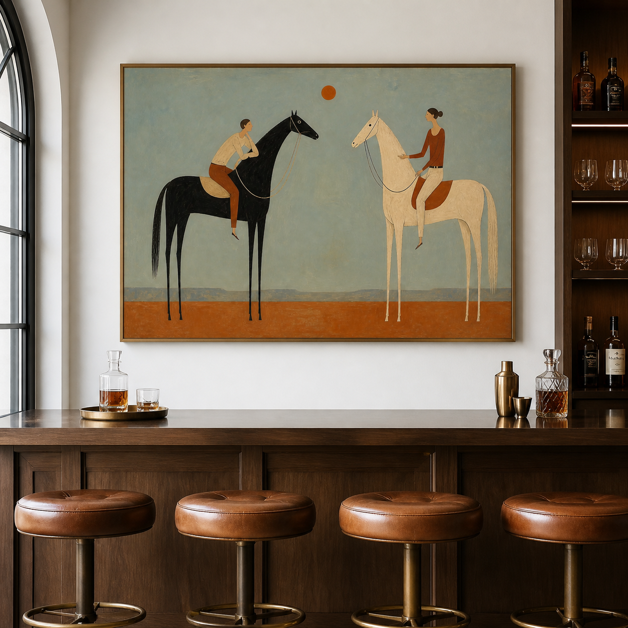 Two riders on black and white horses oil painting