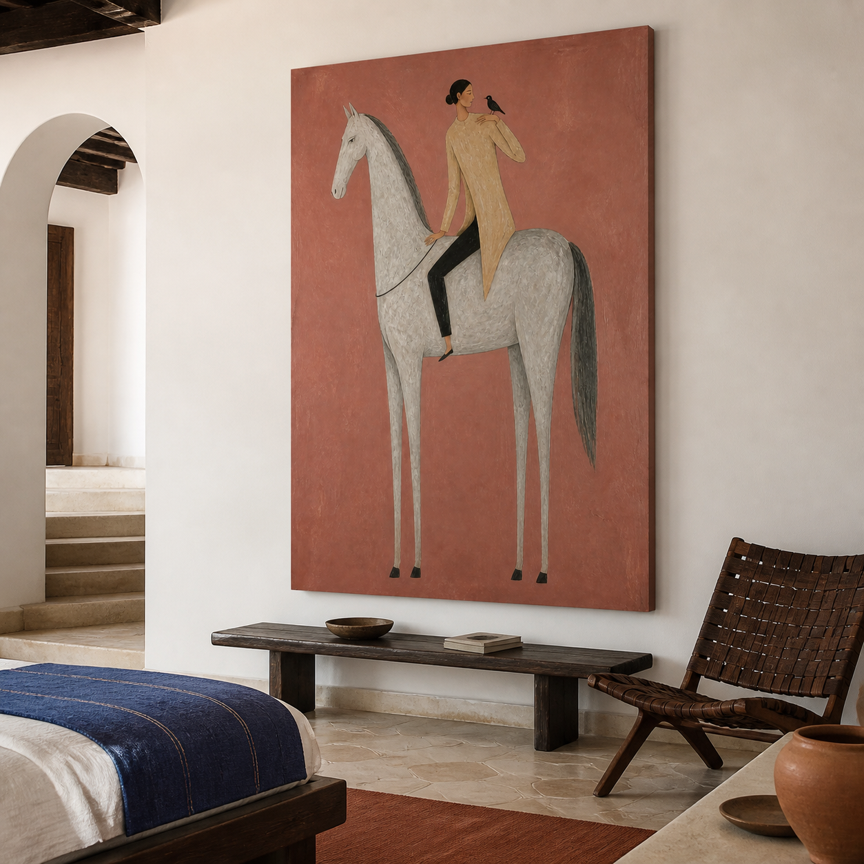 White horse wall art on muted dusty rose background