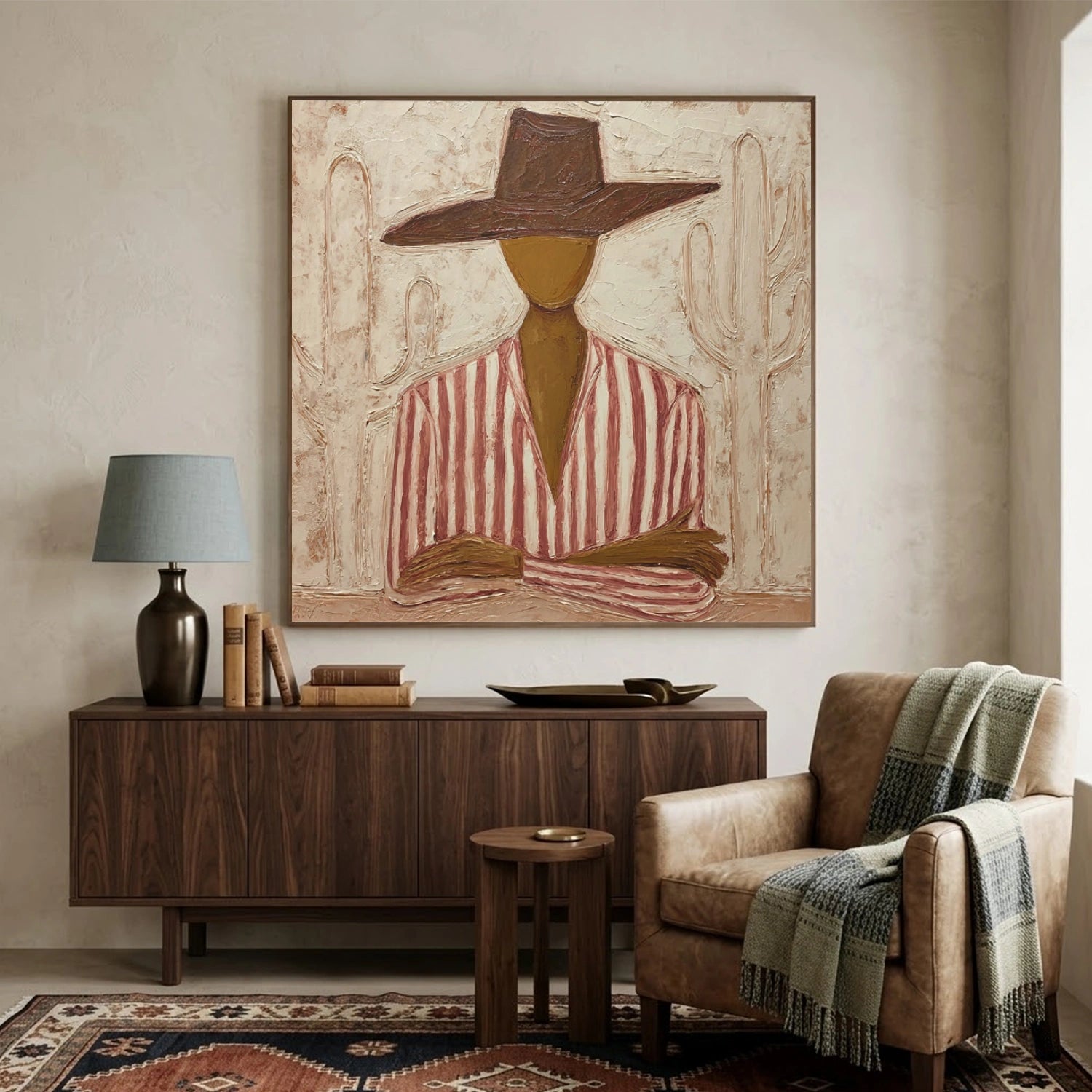 Vintage Americana Cowboy Wall Art, Hand-Painted Textured Oil Painting, Southwestern Desert Canvas – Desert Soul