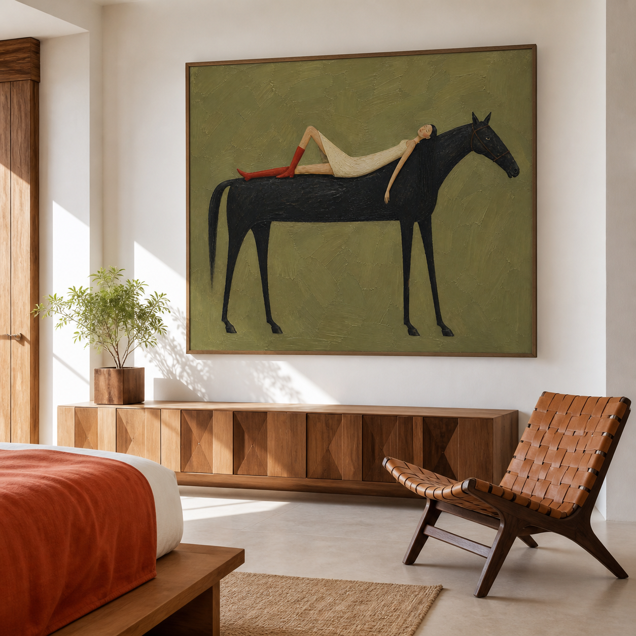 Vintage Americana woman and horse wall art featuring a woman in a white dress and red boots reclining on a black horse against an olive green background.