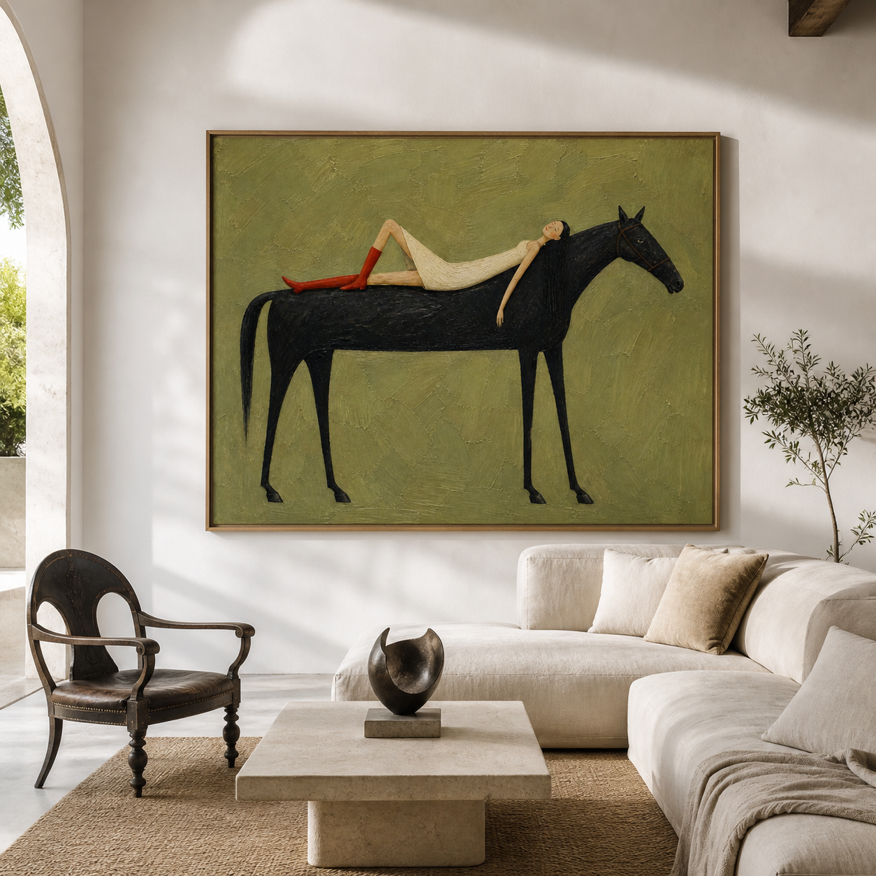 Vintage Americana woman and horse wall art featuring a woman in a white dress and red boots reclining on a black horse against an olive green background.