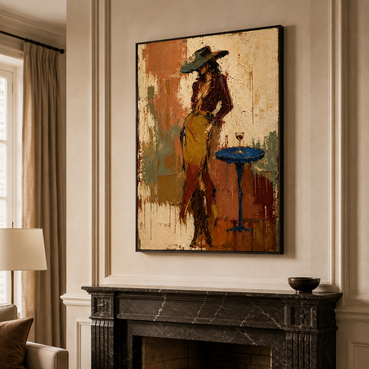 Vintage inspired wine and woman painting for home bar wall decor