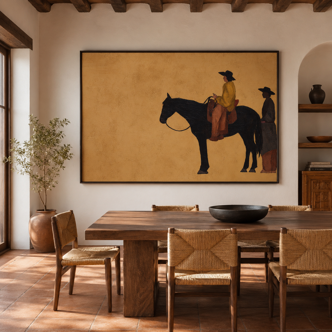 Vintage western wall decor
Black horse canvas art
Frontier rider painting