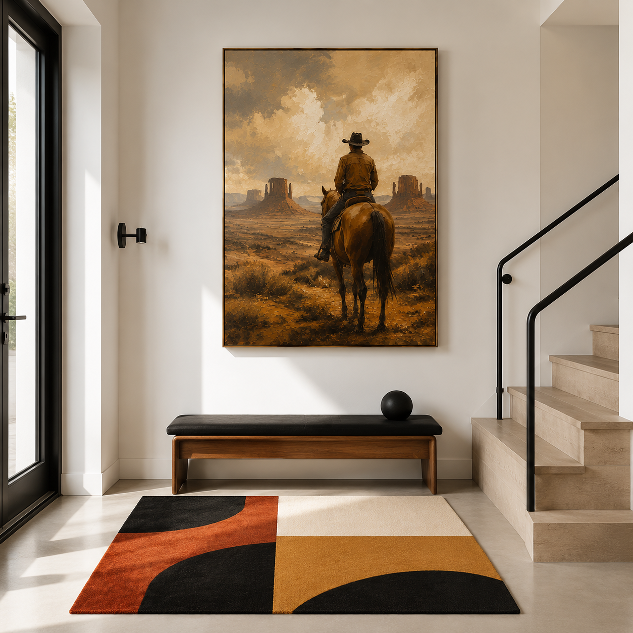 Western cowboy wall art featuring a lone cowboy riding through the desert