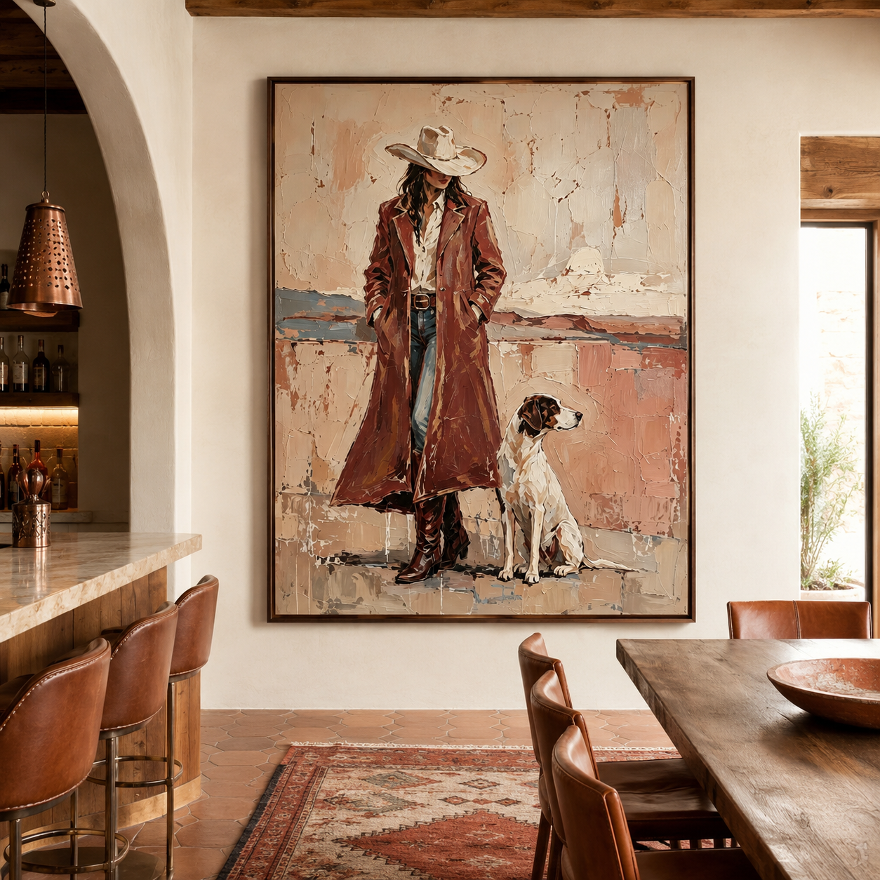 Hand-painted Western woman and dog artwork