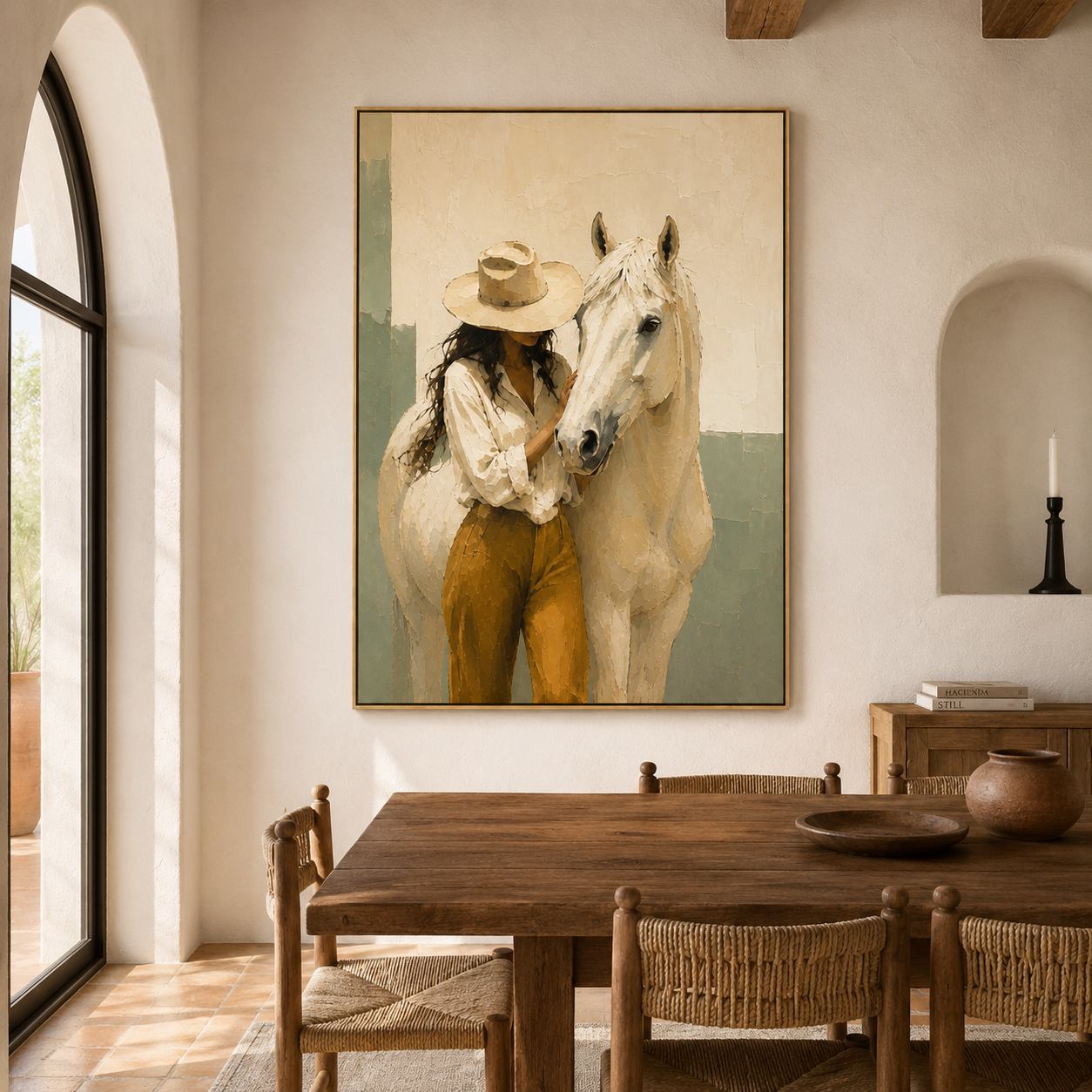Western horse painting featuring a cowgirl embracing a white horse