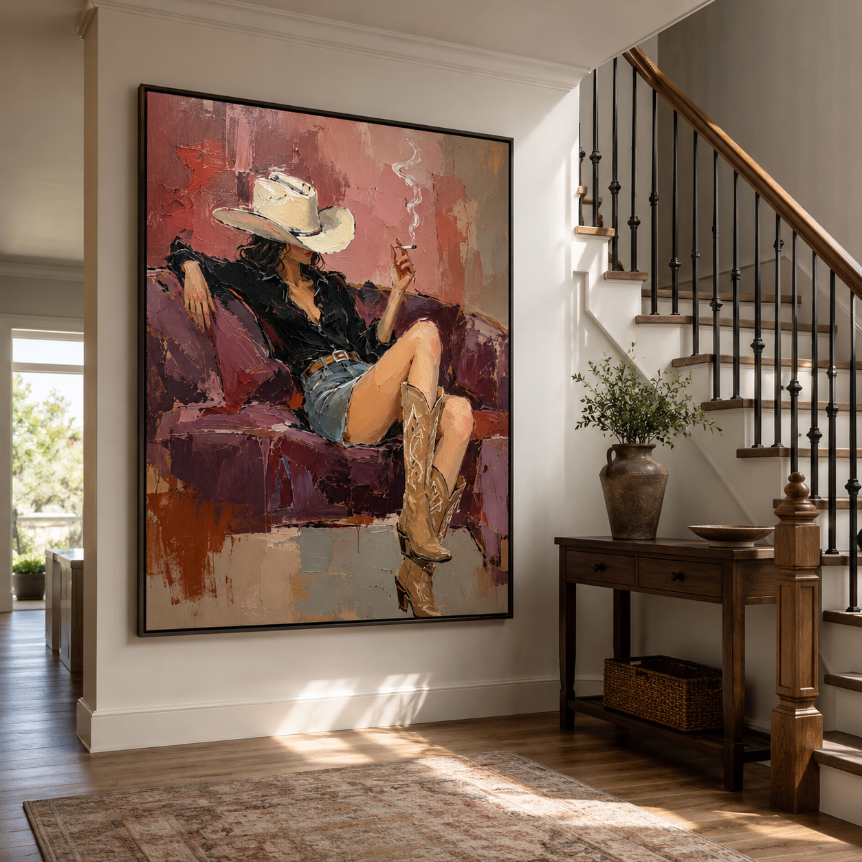 Relaxed Western woman painting on burgundy sofa