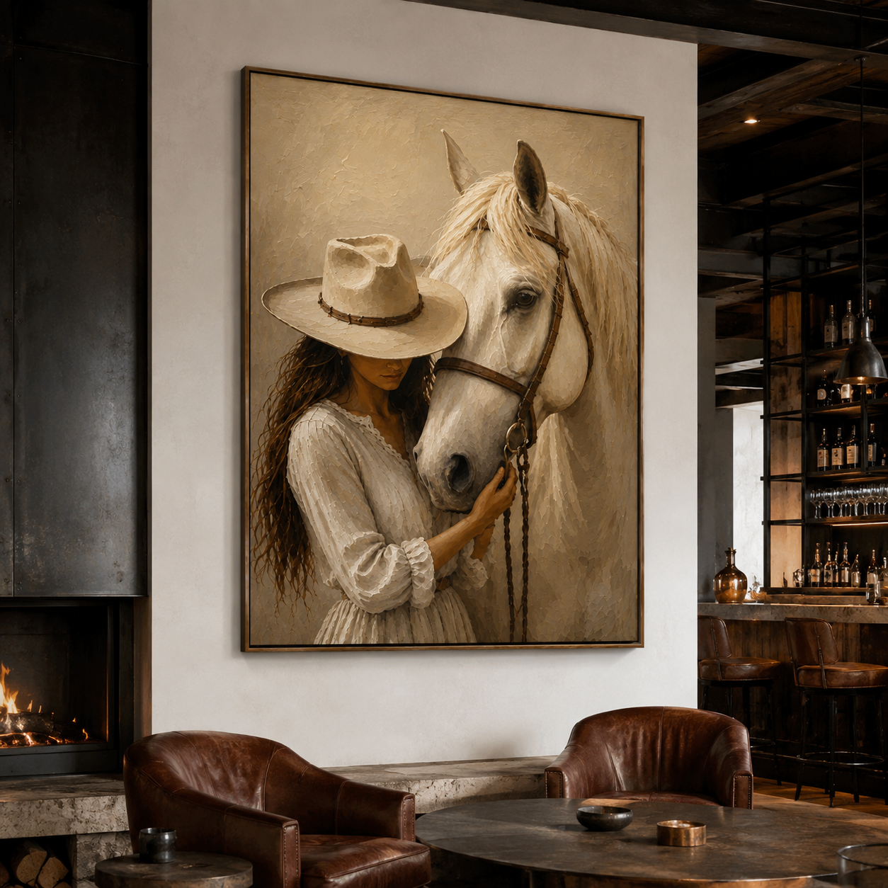 Horse lover wall art with cowgirl and white horse in neutral Western colors