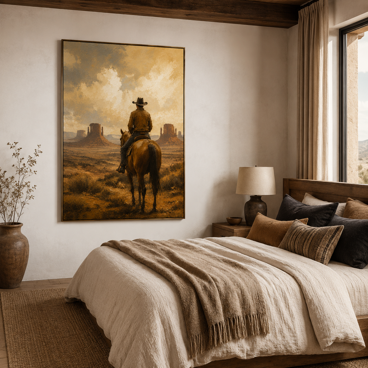 Textured Western landscape painting featuring a cowboy on horseback