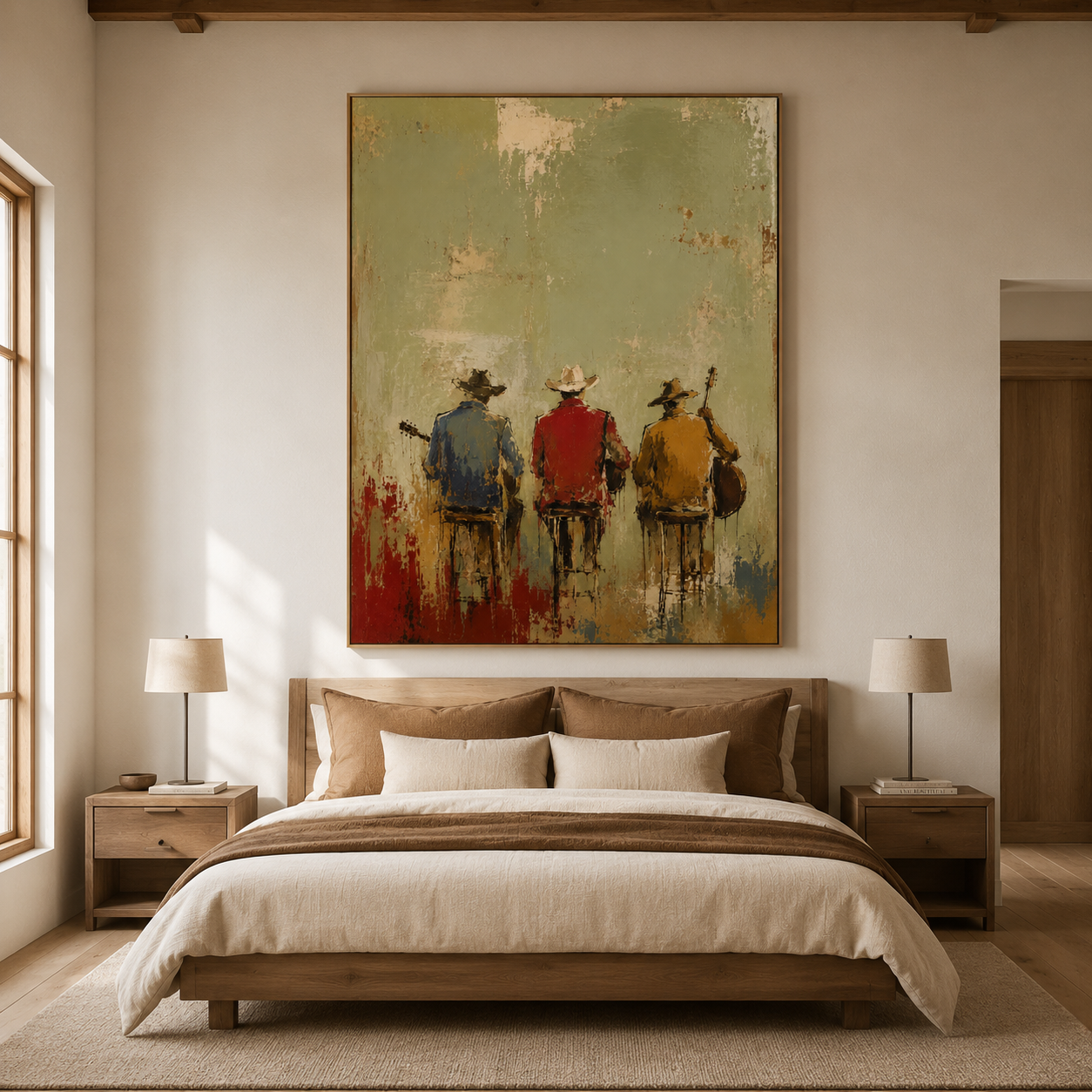 Textured Western music painting in sage green and red