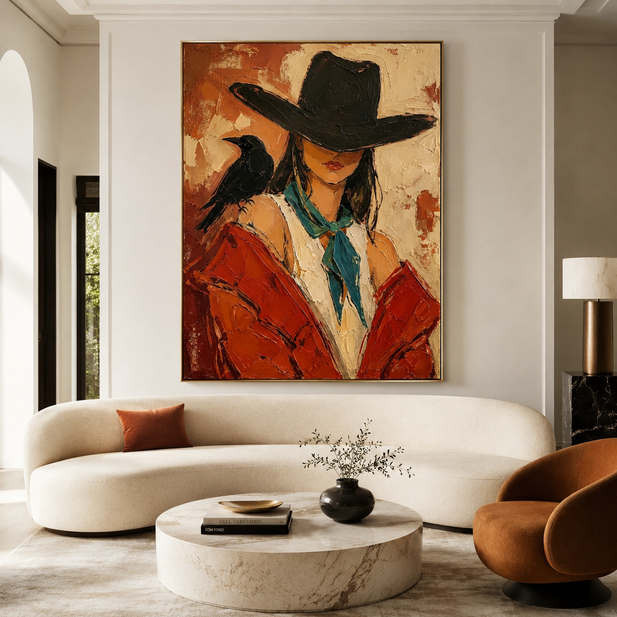 Western woman portrait wall art with raven and black hat