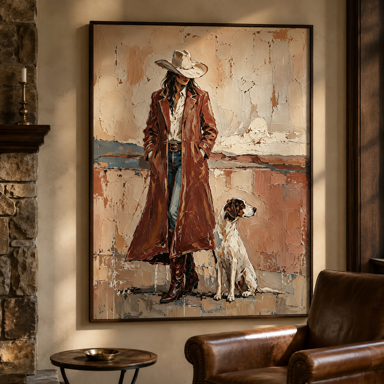 Cowboy hat woman and dog painting for bedroom wall