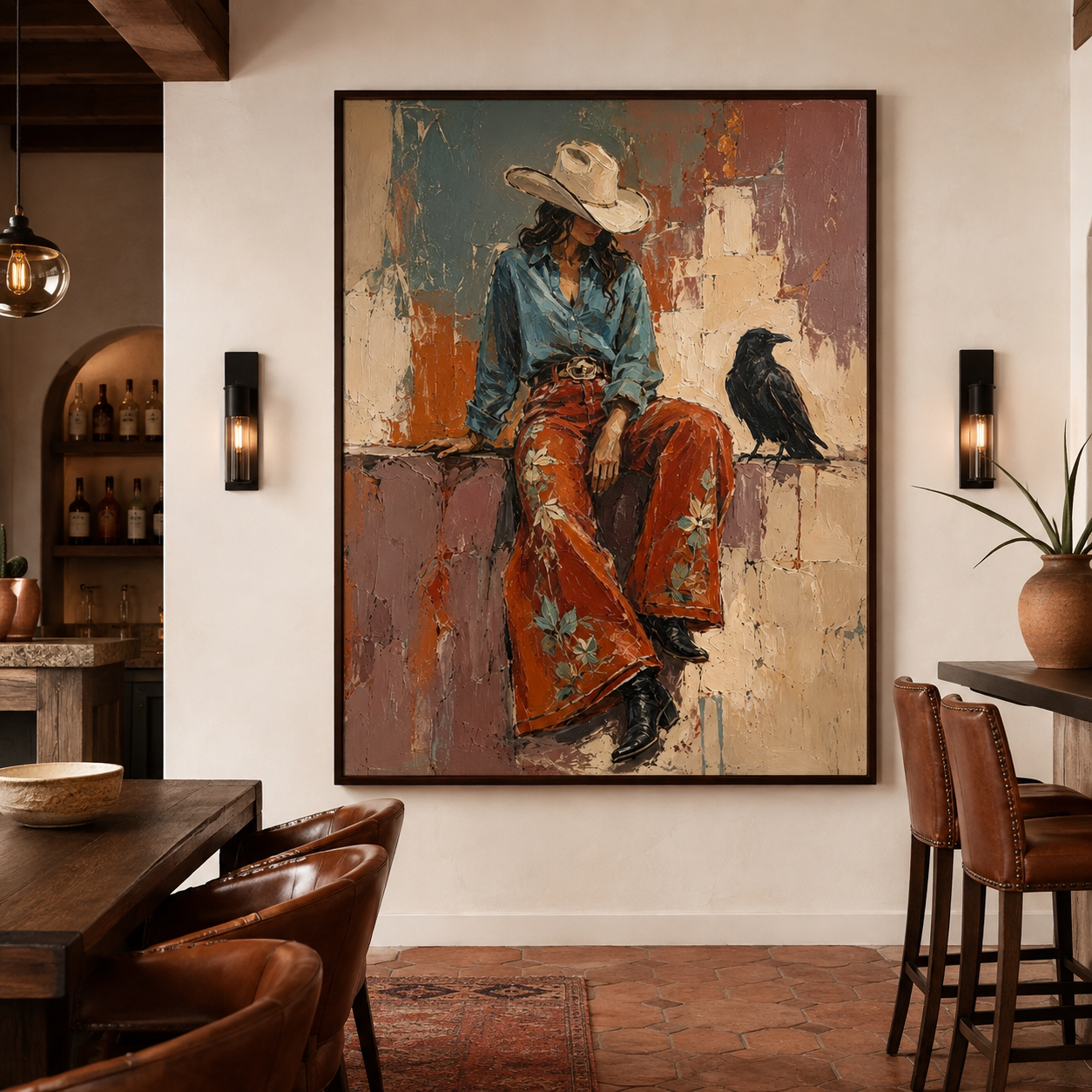 Western raven artwork featuring woman in floral pants