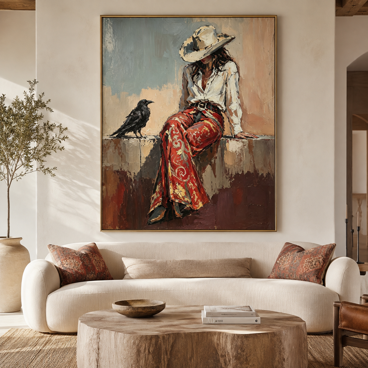 Western woman wall art with black raven and cowboy hat