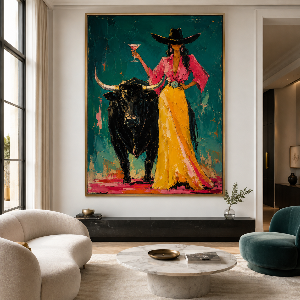 Colorful Western woman wall art with black longhorn